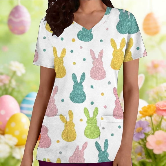Easter Scrub Tops for Women Grass Pattern Bunny and Eggs Graphic V Neck Short Sleeve Professional Workwear with Pockets Festive Medical Clothes