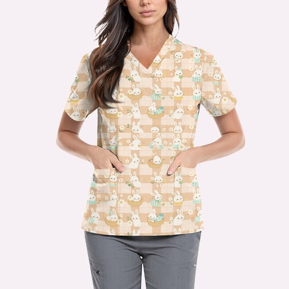Easter Scrubs Tops for Women Cute Bunny Pattern Plus Size Scrubs Short Sleeve V-Neck Working Uniform Easter Stretch Nursing Medical Scrubs T Shirts with Pockets