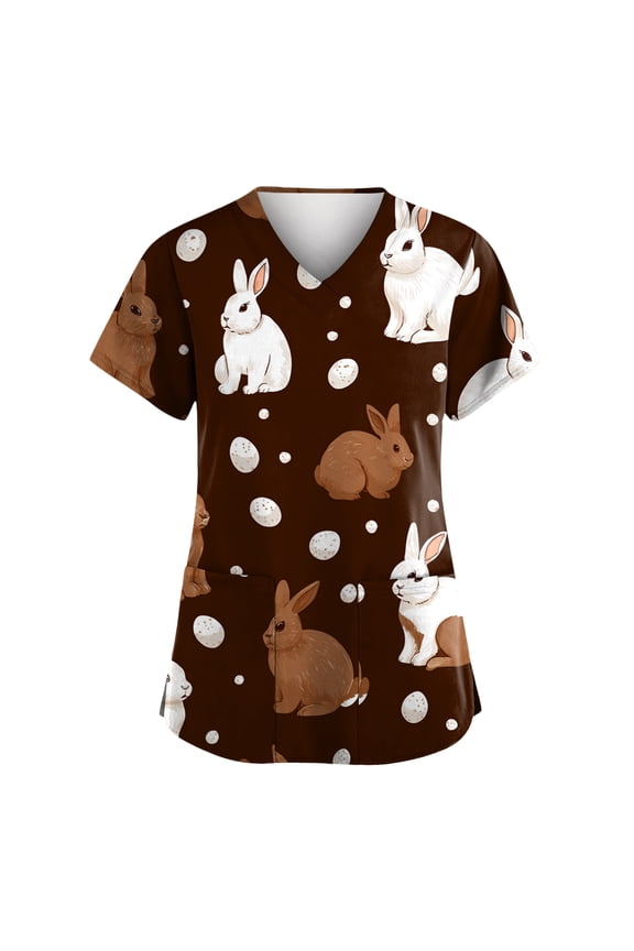 Easter Scrubs Women Bunny Egg Print Short Sleeve Holiday Workwear V Neck Quick Dry Scrub Tops with Pocket Coffee L