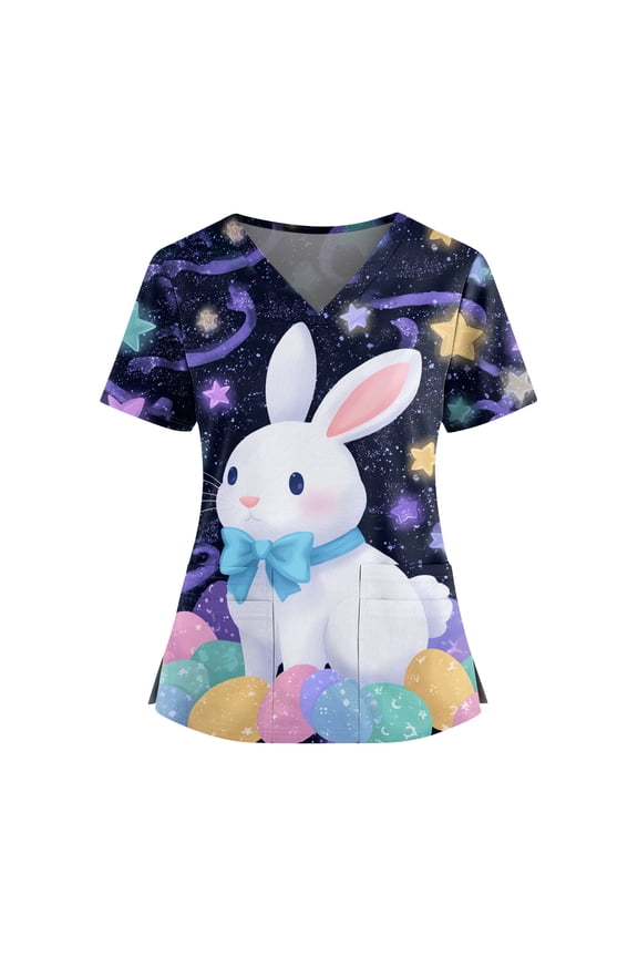 Easter Scrubs for Women Cotton Nurse V Neck Bunny Egg Printed Nursing Uniform Stretchy Short Sleeve T-Shirts Spring Summer Plus Size Blouses Tops, #01 Royal Blue M