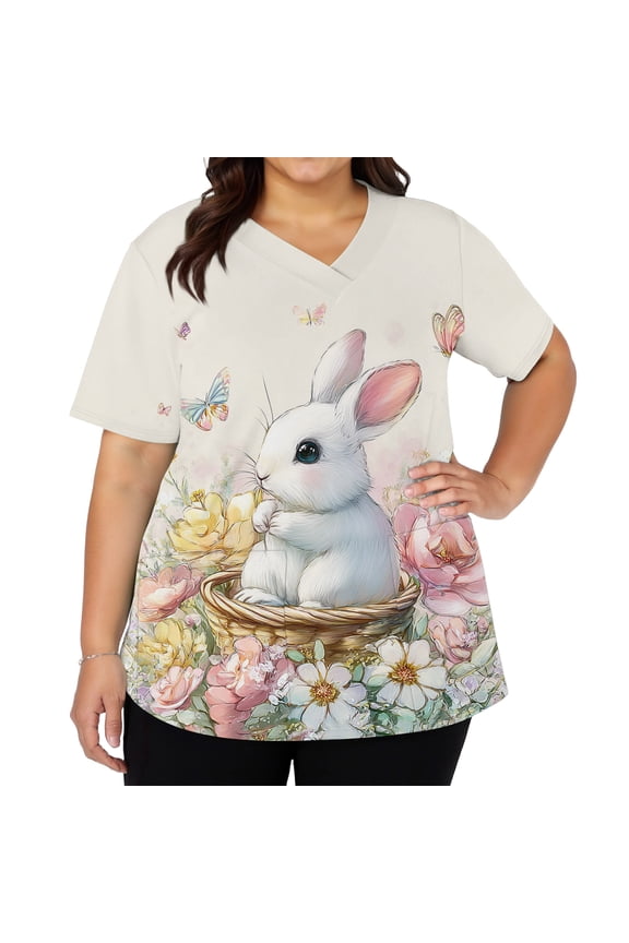 Easter Scrubs for Women Cotton Plus Size Bunny Egg Printed Short Sleeve Nursing Uniform Nurse V Neck Tees Stretchy Y2k Festive Tunics Tops, #01 Light pink XL