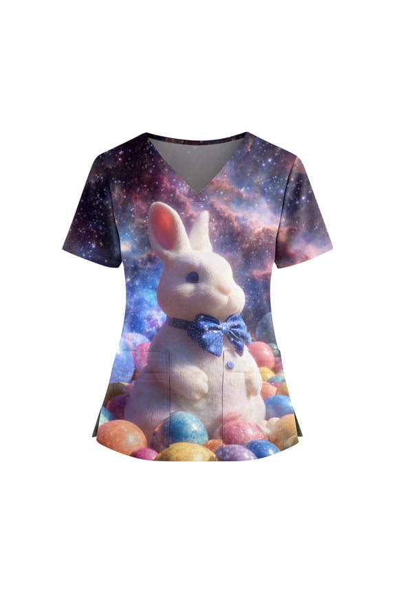 Easter Scrubs for Women Cotton Plus Size Bunny Egg Printed Short Sleeve Working Uniform Nurse V Neck Tees Stretchy Spring Cute Pullover Tops, #01 Light Purple L