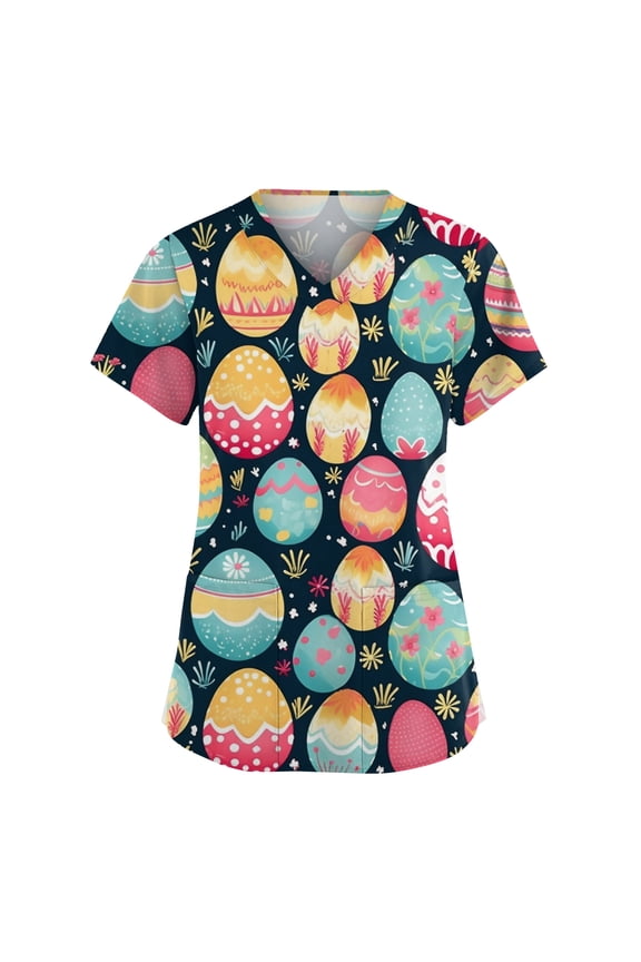 Easter Scrubs for Women Cotton Plus Size V Neck Short Sleeve Working Uniform Nurse Colorful Eggs Print Tshirts Spring Trendy Stretchy Pullover Tops, #01 Navy S