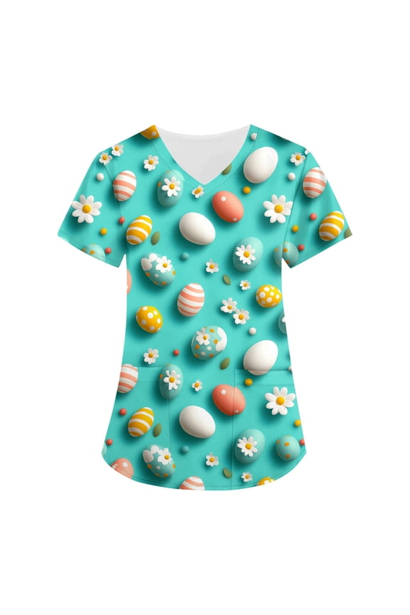 Easter Scrubs for Women, Cute Bunny & Eggs Pattern Stretch Nurse Tops, V-Neck Short Sleeve Working Uniform with Pockets, Easter Plus sized T-shirts for Womens 02-Green XL