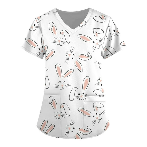 Easter Scrubs for Women, Cute Bunny Pattern Stretch Short Sleeve Nursing Top with Pockets, Working Uniform V-Neck Nurse Tops, Easter Plus sized T-shirts for Womens 01-White M