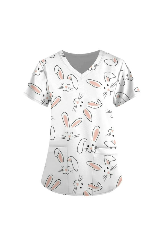 Easter Scrubs for Women, Cute Bunny Pattern Stretch Short Sleeve Nursing Top with Pockets, Working Uniform V-Neck Nurse Tops, Easter Plus sized T-shirts for Womens 01-White M