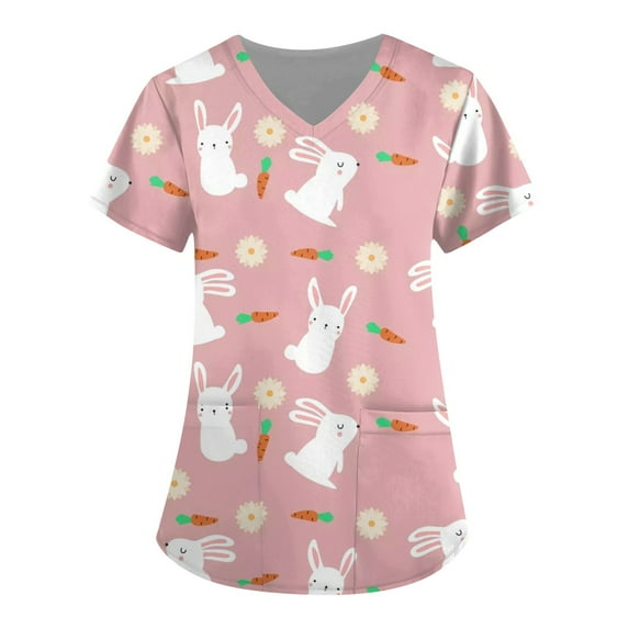 Easter Scrubs for Women, Cute Bunny Pattern Stretch Short Sleeve Nursing Top with Pockets, Working Uniform V-Neck Nurse Tops, Easter Plus sized T-shirts for Womens 01-Pink S