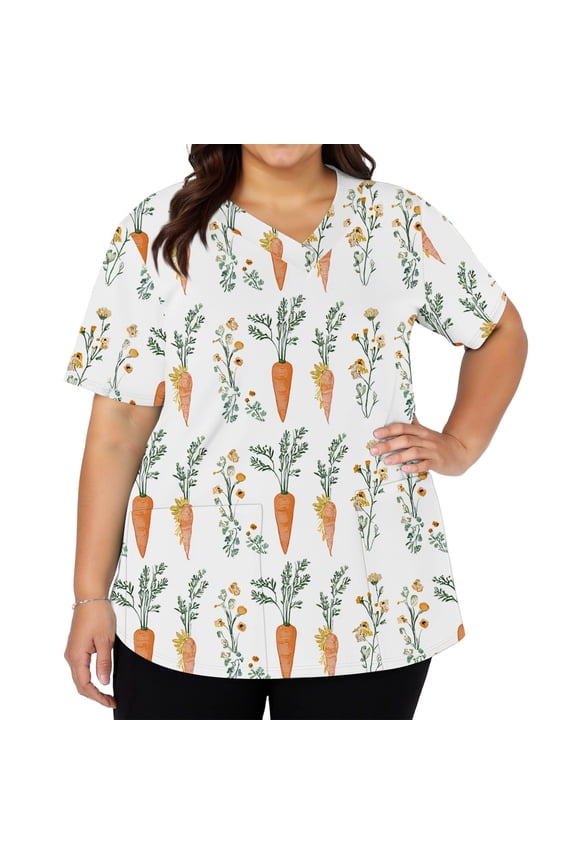 Easter Scrubs for Women Cute Nurse Bunny Egg Printed Short Sleeve Nursing Uniform Soft Stretch V Neck T-Shirts Spring 2026 Plus Size Blouses Tops, #01 White XXL