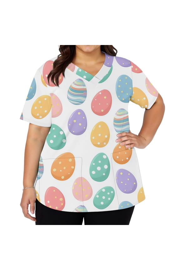 Easter Scrubs for Women Cute Nurse Bunny Egg Printed Short Sleeve Working Uniform 2026 V Neck Tshirts Plus Size Y2k Soft Stretch Tunics Tops, #01 Watermelon Red S