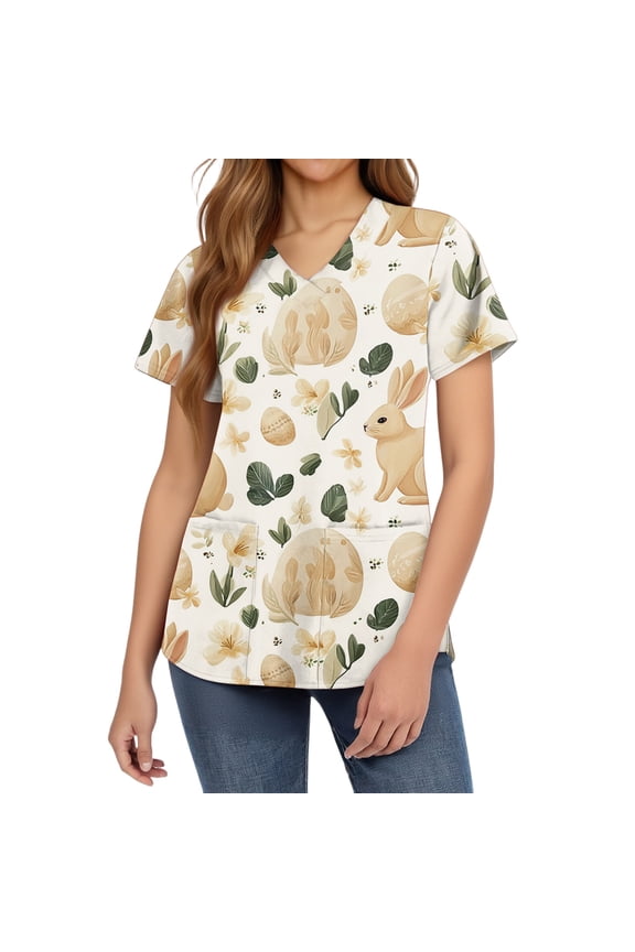 Easter Scrubs for Women Cute Plus Size Short Sleeve V Neck Nursing Uniform 2026 Colorful Eggs Print Tee Shirts Nurse Holiday Stretchy Pullover Tops, #01 Khaki M