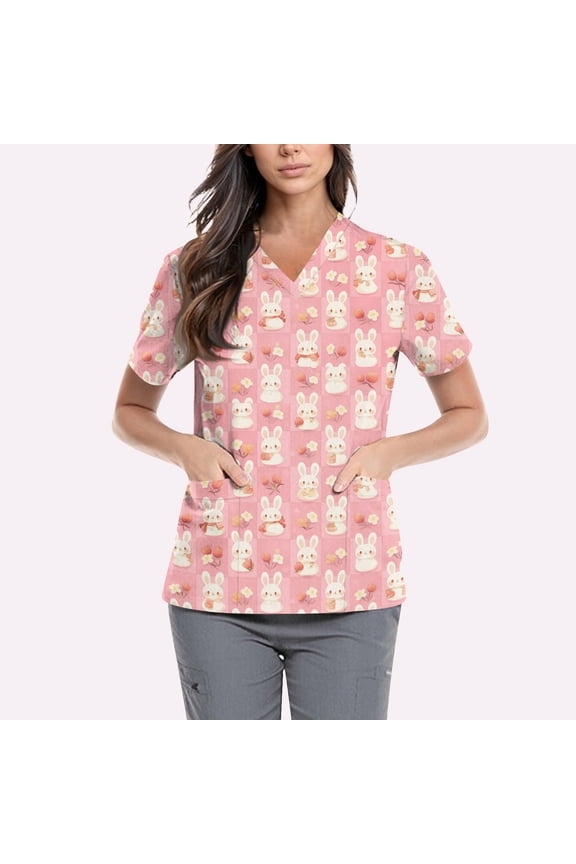 Easter Scrubs for Women Cute Plus Size Short Sleeve V Neck Working Uniform Nurse Bunny Egg Print T-Shirts Soft Stretch Cute Summer Pullover Tops, #01 Watermelon Red L