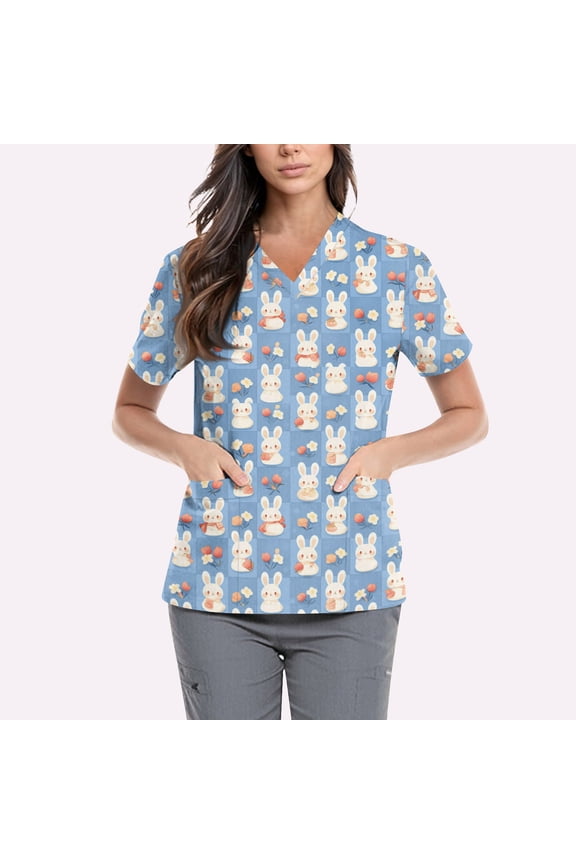 Easter Scrubs for Women Cute Soft Stretch Short Sleeve Bunny Egg Printed Nursing Uniform Plus Size V Neck Tees Nurse Summer 2026 Tunics Tops, #01 Blue 4XL