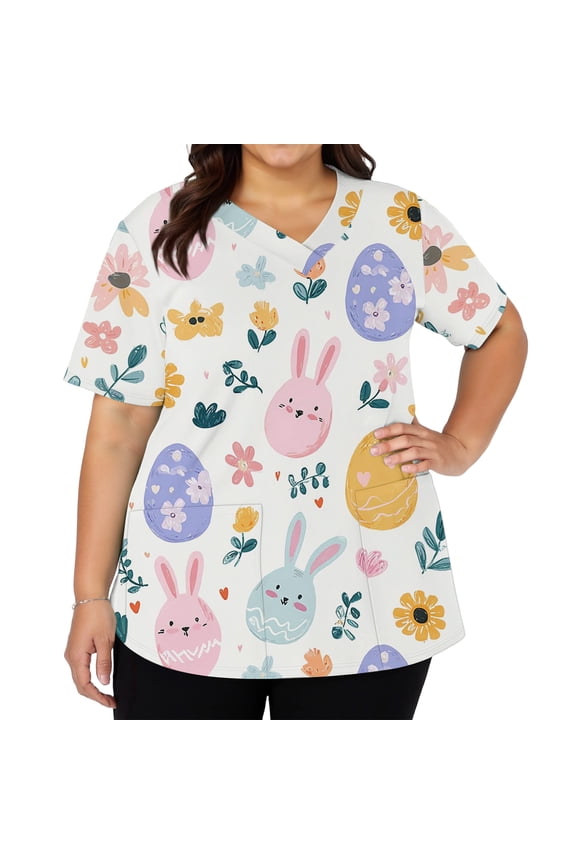 Easter Scrubs for Women Cute Y2k V Neck Bunny Egg Printed Working Uniform Nurse Short Sleeve T-Shirts Soft Stretch Summer Plus Size Tunics Tops, #01 Green XL