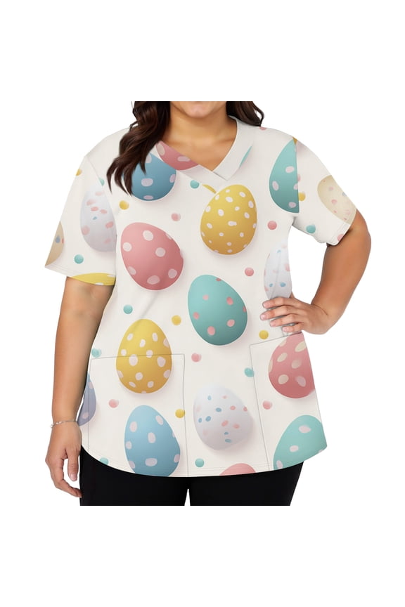 Easter Scrubs for Women Nurse Short Sleeve Bunny Egg Print Nursing Uniform Soft Stretch V Neck Tees Festive Casual Fit Plus Size Pullover Tops, #01 Blue XL