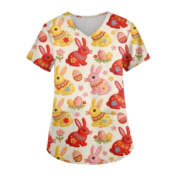 Easter Scrubs for Women Stretchy Short Sleeve V-Neck Funny Bunny Rabbits Eggs Print Medical Uniforms Plus Size Working T-Shirts with Pockets