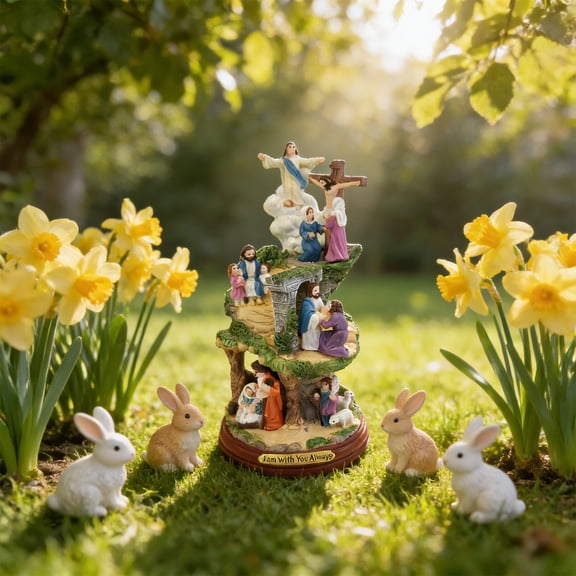 Easter Sculpture - Thomas Kinkade-Style Easter Resin Tabletop Sculpture,5.9 "Painter of Light Scene" of Nativity,Miracles,Crucifixion & Resurrection on Mahogany Base,Spring Mantel Décor & Gift