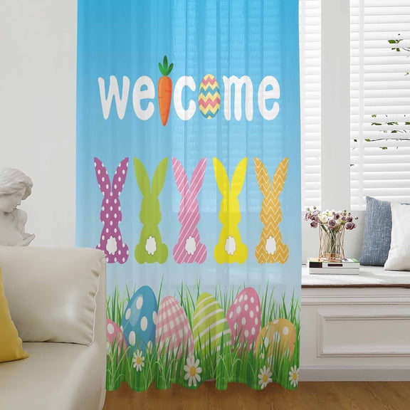 Easter Semi Sheer Curtains Drapes for Living Room, Bedroom, French Doors Window 63 Inches Long, Spring Flora Colorful Eggs Botanical Pastoral Rod Pocket Chiffon Curtain Drapery Voile Draperies Panel