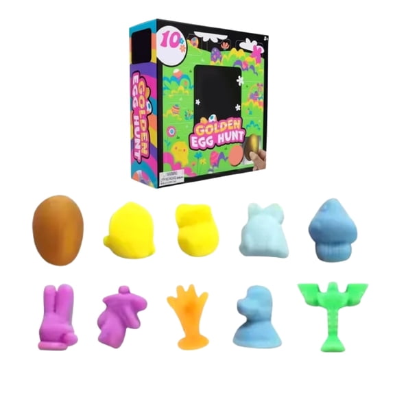 Easter Sensory Fidget Toy Set - 10 Pcs Vibrant Shaped Toys with Golden Egg, Soft Pliable Material, Easter Party Favor & Classroom Reward