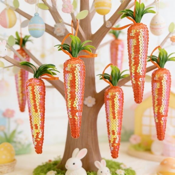 Easter Sequined Carrot Hanging Ornaments Set of 2 Glitter Foam Decoration, Farmhouse Wall Tree and Basket Display Accent for Party Decor, Festive Spring Holiday Accessory for Easter Celebration