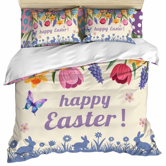 Easter Set of 4 Bedding Quilt Covers, Tulip Flowers Spring Easter Egg Bunny Butterfly Beige 4-Piece Bed Sheet Set with Extra Soft Bed Sheets Quilt Cover Pillowcase, Full