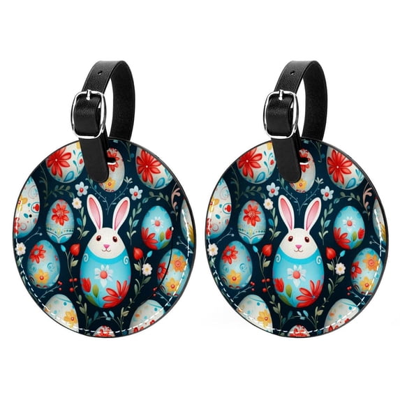 Easter Set of 2pcs PU Leather Round Suitcase Tags with Privacy Cover and Name ID Tag - Ideal for Travel Luggage, Handbags, Backpacks, School Bags