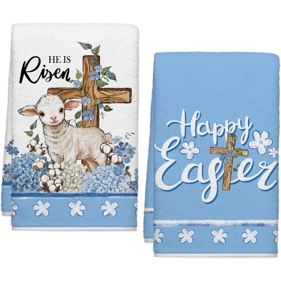 Easter Sheep Cross Hydrangea Kitchen Towels, He is Risen with Lamb Dish Towels Set of 2, Spring Blue Floral 18 x 26 Inch Hand Towel Quick Drying Dishcloth Decor for Kitchen Bathroom Home