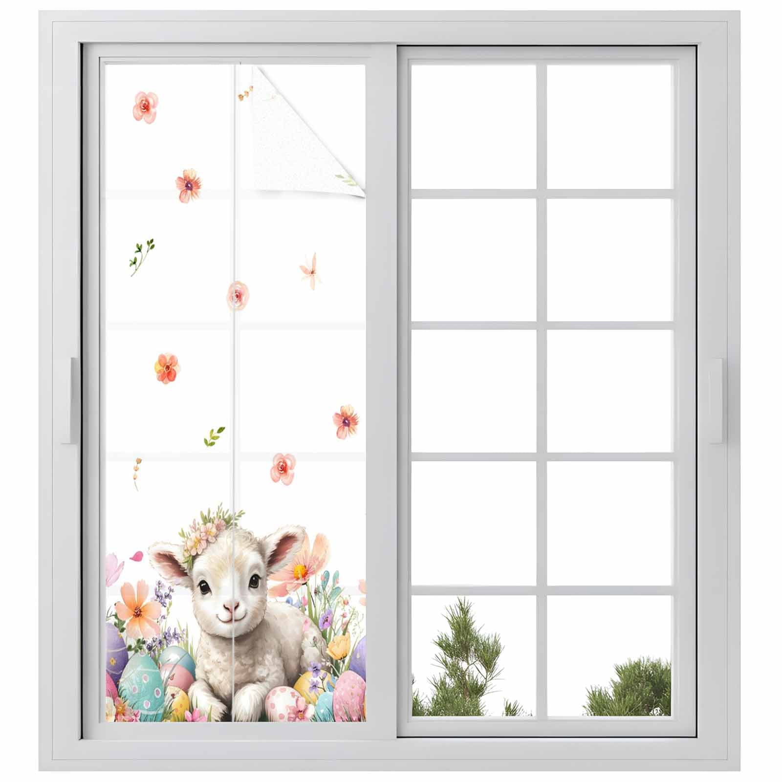 Easter Sheep Window Privacy Film, Watercolor Sheep Flowers Colored Eggs Frosted Glass Window Clings Static Cling UV Heat Blocking Reusable Door Sticker for Bathroom 23.6 x 59 Inch
