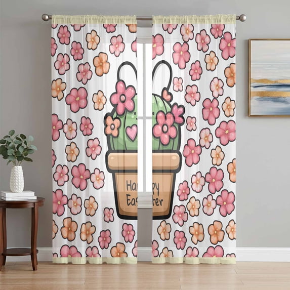 Easter Sheer Curtains 108 Inch Length 2 Panels for Living Room, Bunny Ears Spring Pink Flowers Potted Plant Country Voile Kitchen Curtain Set, Luxury Privacy Drapes Window Treatment for Bedroom