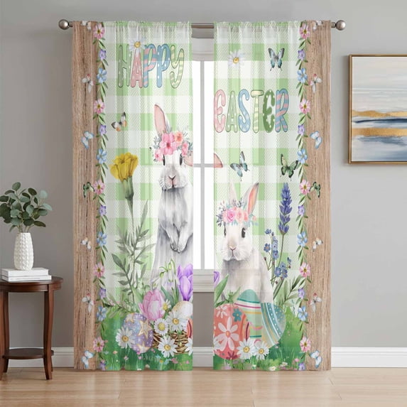 Easter Sheer Curtains 108 Inch Length 2 Panels Set Window Treatments, Spring Rabbit Botanical Flowers Eggs Plaid Rod Pocket Semi Curtains for Living Room/Bedroom/Kitchen Décor, 104"W x 108"L