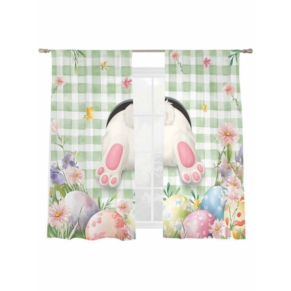 Easter Sheer Curtains 2 Panels Set, 52''Wx63''L Spring White Bunny Tail Colored Eggs Floral Green Plaid Window Sheer Curtains for Living Room/Bedroom, Light Filtering Rod Pocket Voile Drapes,