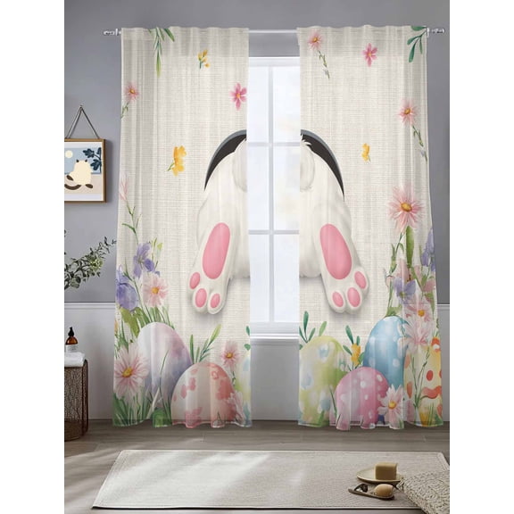 Easter Sheer Curtains 2 Panels Set, 52''Wx84''L Spring White Bunny Tail Colored Eggs Floral Linen Texture Window Sheer Curtains for Living Room/Bedroom, Light Filtering Rod Pocket Voile Drapes,