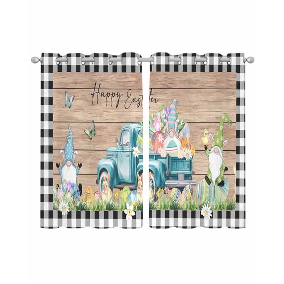 Easter Sheer Curtains 39 Inch Length 2 Panels Set for Living Room/Bedroom, Plaid Truck Eggs Bunny Floral Gnomes Wooden Kitchen Curtains Grommet Semi-Sheer Curtains Window Treatments 27.5"x39"x2