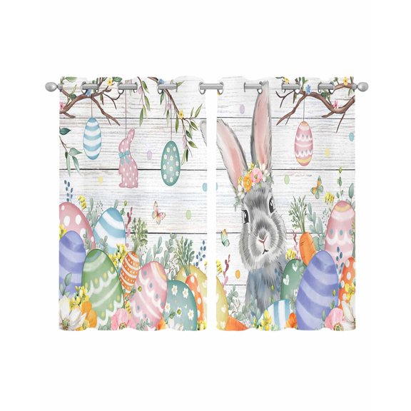 Easter Sheer Curtains 39 Inch Length 2 Panels Set for Living Room/Bedroom, Spring Bunny Eggs Tree Butterfly Grey Wooden Kitchen Curtains Grommet Semi-Sheer Curtains Window Treatments 27.5"x39"x2