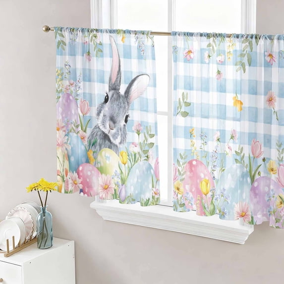 Easter Sheer Curtains 45 Inch Length 2 Panels for Living Room, Spring Rabbit Eggs Flowers Herbs Blue Plaid Voile Kitchen Curtain Set, Luxury Privacy Drapes Window Treatment for Bedroom