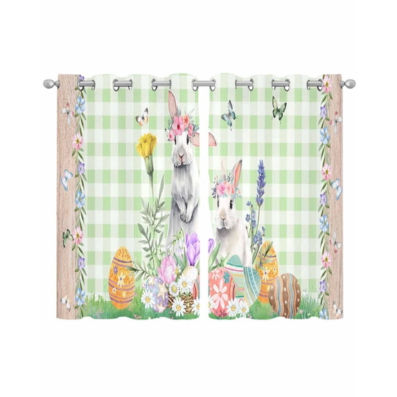 Easter Sheer Curtains 45 Inch Length 2 Panels Set for Living Room/Bedroom, Spring Rabbit Botanical Flowers Eggs Plaid Kitchen Curtains Grommet Semi-Sheer Curtains Drapes Window Treatments 42"x45"x2