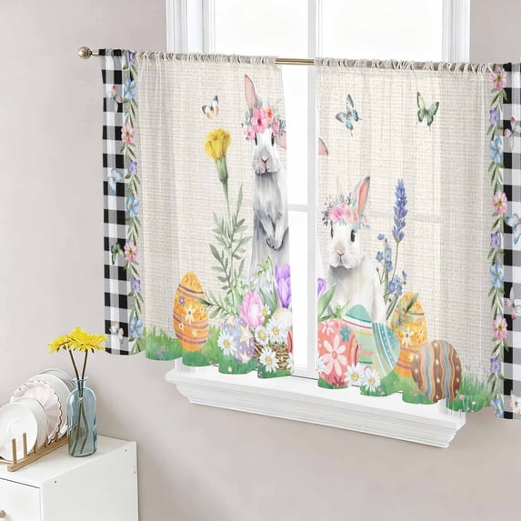 Easter Sheer Curtains 45 Inch Length 2 Panels Set Window Treatments, Country Rabbits Eggs Floral Leaves Butterfly Plaid Rod Pocket Semi Curtains for Living Room/Bedroom/Kitchen Décor, 104"W x 45"L