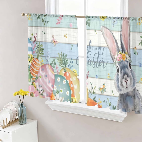 Easter Sheer Curtains 45 Inch Length 2 Panels Set Window Treatments, Spring Bunny Easter Eggs Floral Beige Green Wood Rod Pocket Semi Curtains for Living Room/Bedroom/Kitchen Décor, 104"W x 45"L