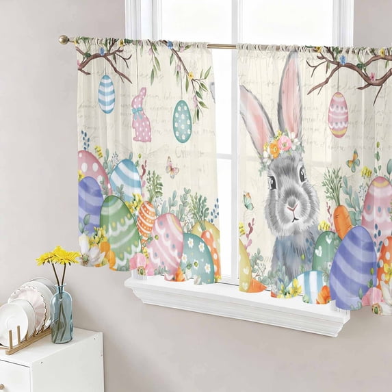 Easter Sheer Curtains 45 Inch Length 2 Panels Set Window Treatments, Spring Grey Bunny Colorful Eggs Tree Butterfly Rod Pocket Semi Curtains for Living Room/Bedroom/Kitchen Décor, 104"W x 45"L