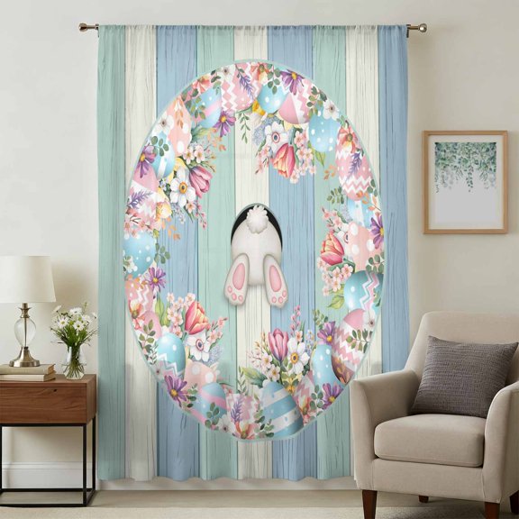 Easter Sheer Curtains 45 Inches Long, Bunny Spring Floral Eggs Blue Green Wooden Light Filering Curtains, Breathable Simi Curtain Privacy Drapes for Kitchen Bathroom Small Window Treatment