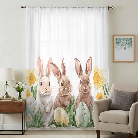 Easter Sheer Curtains 45 Inches Long, Spring Bunny Colorful Eggs Botanical Floral Herbs Light Filering Curtains, Breathable Simi Curtain Privacy Drapes for Kitchen Bathroom Small Window Treatment