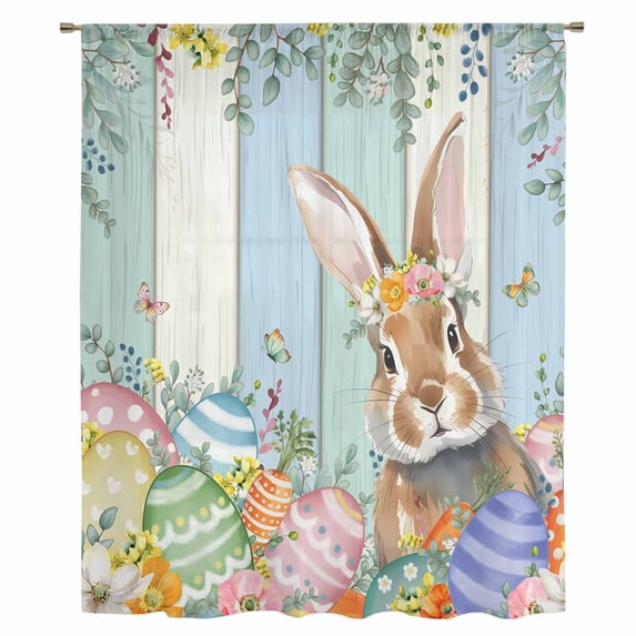 Easter Sheer Curtains 45 Inches Long, Spring Bunny Colorful Floral Eggs Wooden Plank Light Filering Curtains, Breathable Simi Curtain Privacy Drapes for Kitchen Bathroom Small Window Treatment