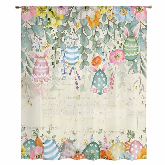 Easter Sheer Curtains 45 Inches Long, Spring Colorful Eggs Eucalyptus Leaves Floral Light Filering Curtains, Breathable Simi Curtain Privacy Drapes for Kitchen Bathroom Small Window Treatment