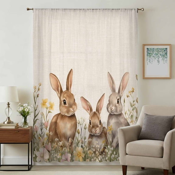 Easter Sheer Curtains 45 Inches Long, Spring Country Pastoral Rabbit Floral Herbs Light Filering Curtains, Breathable Simi Curtain Privacy Drapes for Kitchen Bathroom Small Window Treatment