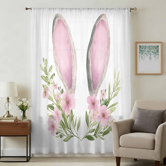 Easter Sheer Curtains 45 Inches Long, Spring Pastel Cartoon Cute Rabbit Ears Flowers Light Filering Curtains, Breathable Simi Curtain Privacy Drapes for Kitchen Bathroom Small Window Treatment