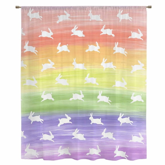 Easter Sheer Curtains 45 Inches Long, Spring Rabbit Silhouette Colorful Rainbow Graffiti Light Filering Curtains, Breathable Simi Curtain Privacy Drapes for Kitchen Bathroom Small Window Treatment