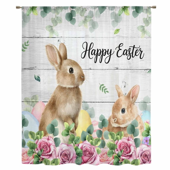 Easter Sheer Curtains 45 Inches Long, Spring Watercolor Bunny Eggs Flower Leaf Wooden Grey Light Filering Curtains, Breathable Simi Curtain Privacy Drapes for Kitchen Bathroom Small Window Treatment