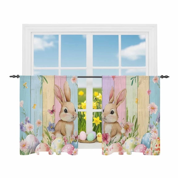 Easter Sheer Curtains 54 Inch Length Rod Pocket Semi Transparent Light Filtering Window Drapes for Kitchen Bedroom Living Room,2 Panels, Colorful Easter Eggs Rabbits Spring Pastel Wood