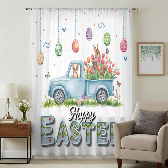 Easter Sheer Curtains 54 Inches Long, Easter Eggs Spring Country Bunny Tulip Flower Light Filering Curtains, Breathable Simi Curtain Privacy Drapes for Kitchen Bathroom Small Window Treatment