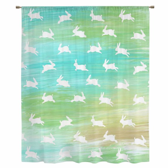 Easter Sheer Curtains 54 Inches Long, Spring Bunny Silhouette Blue Green Gradient Light Filering Curtains, Breathable Simi Curtain Privacy Drapes for Kitchen Bathroom Small Window Treatment