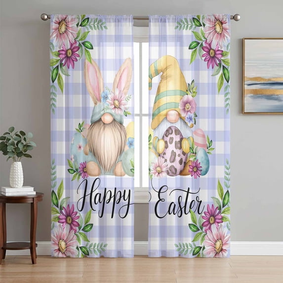 Easter Sheer Curtains 63 Inch Length 2 Panels for Living Room, Watercolor Gnomes Eggs Daisy Flower Light Purple Plaid Voile Kitchen Curtain Set, Luxury Privacy Drapes Window Treatment for Bedroom